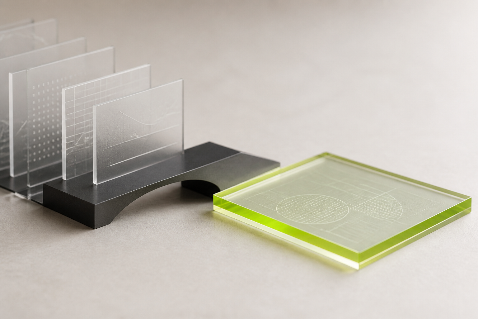 Layers of translucent reporting charts cross a graphite bridge toward a lime-edged report.