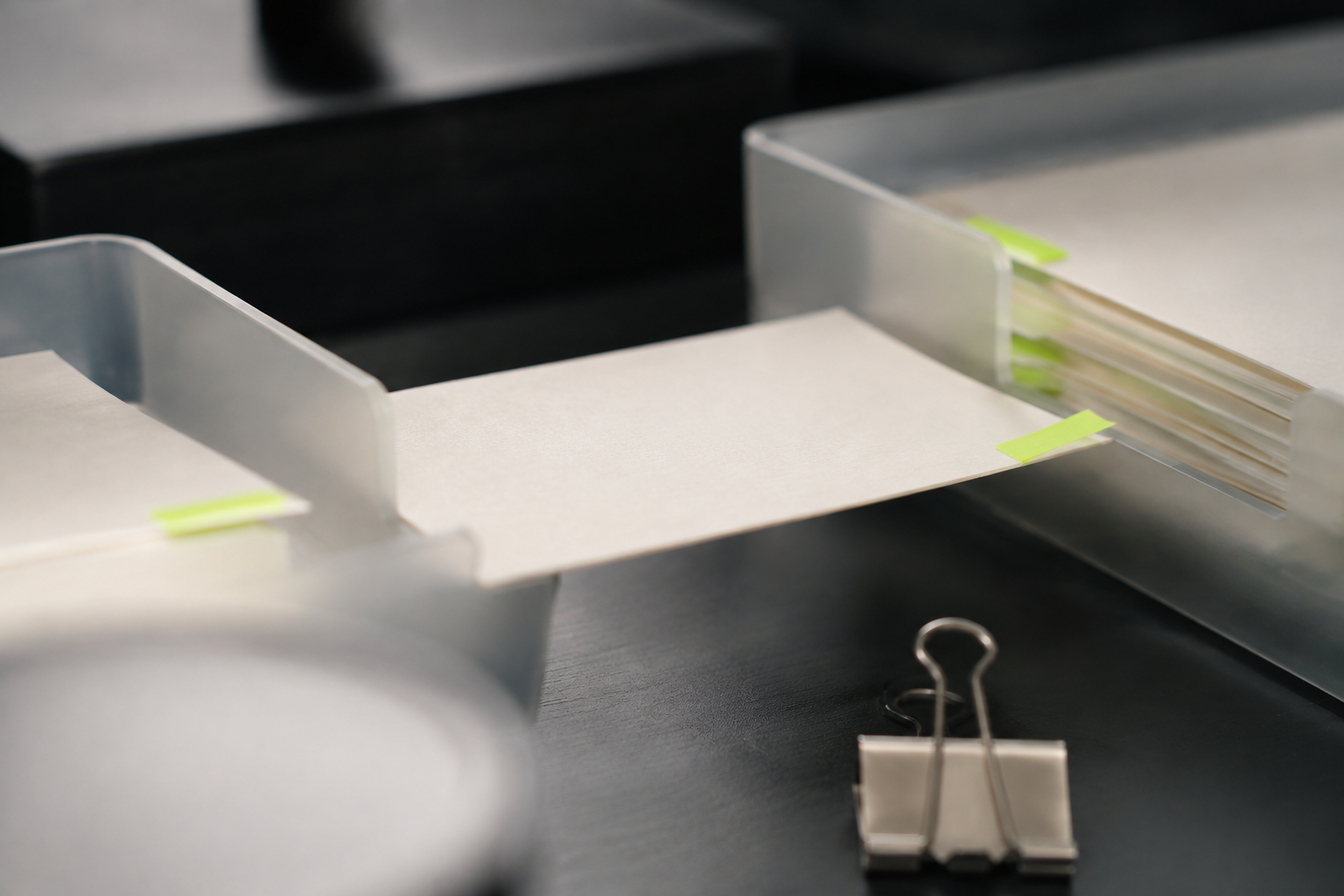 A campaign brief bridges two frosted document trays, with soft foreground blur.